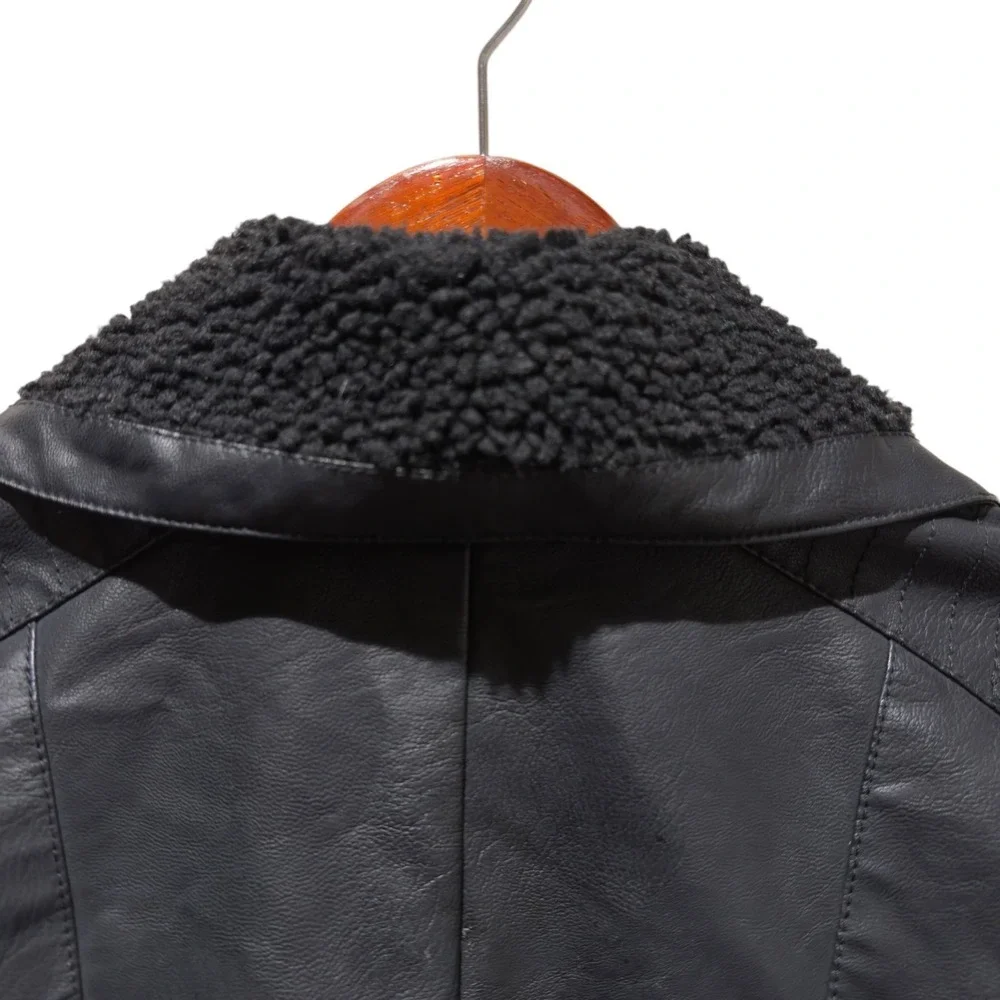 Baccini Black Faux Leather Moto Jacket Cropped Sherpa Collar Asym‎ Zip Womens S